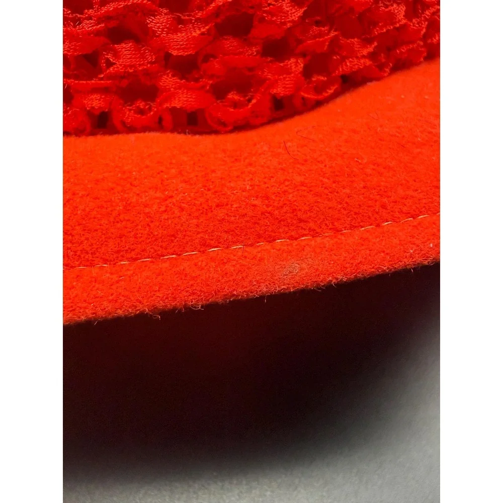 Vtg Jack McConnell Flair Red Wool Doeskin Felt Cloche Hat Lace Flower Church